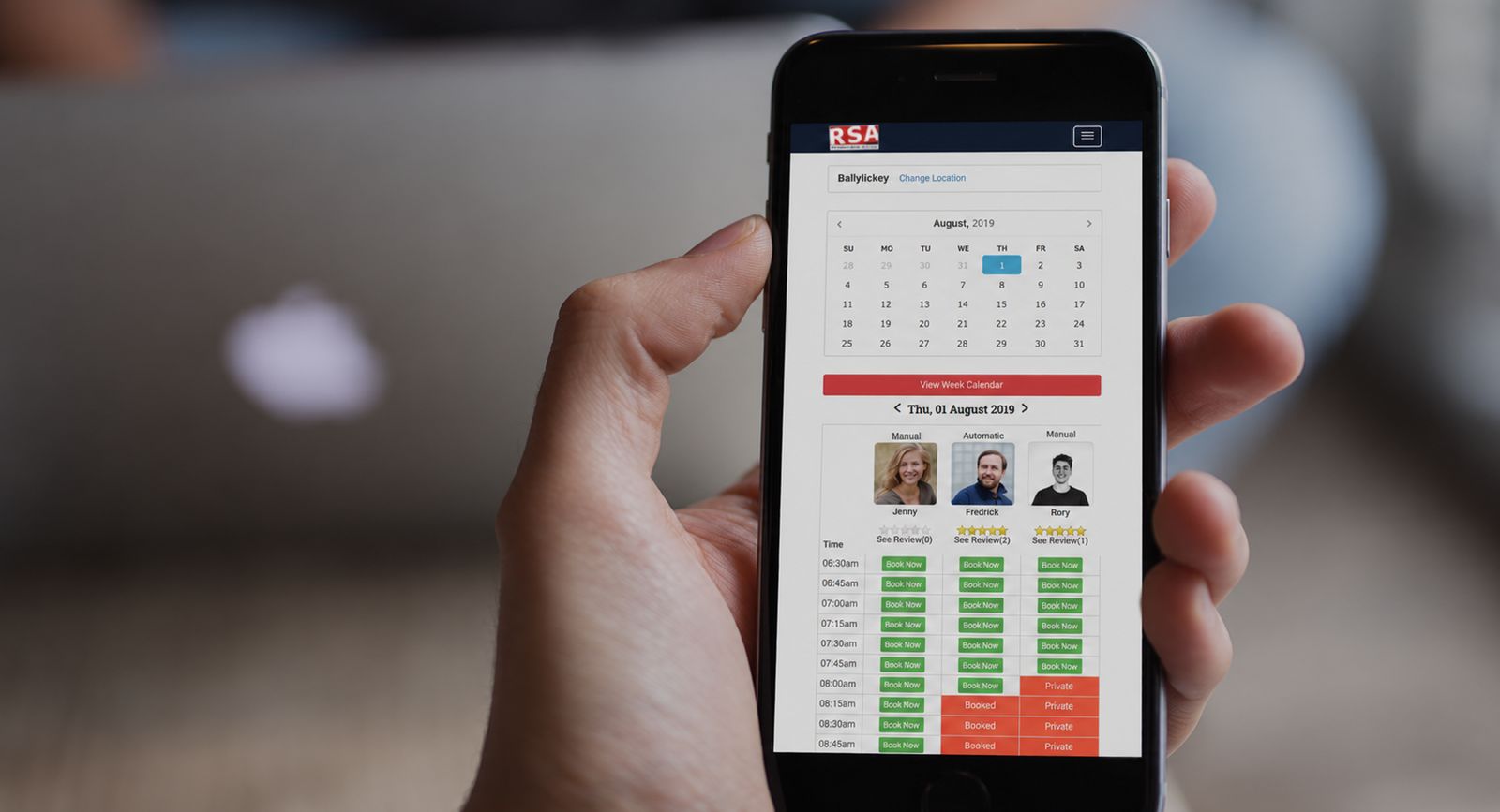The RSA School of Motoring booking app open on a phone